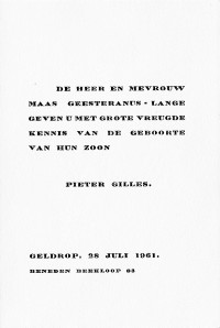 Geboortekaartje P.G. (Pieter) MG (1961)
